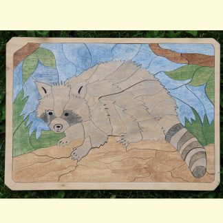 Puzzle bois écologique : raton laveur. Atelier de bois chantourné